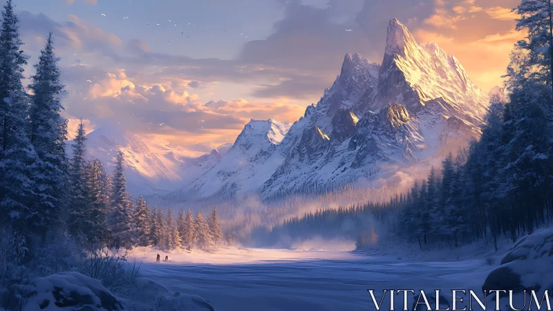 Winter alpine landscape with frozen river and sharp peaks.