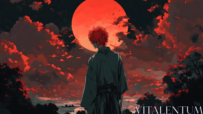 Solitary red‑haired figure under oversized crimson moon at dusk
