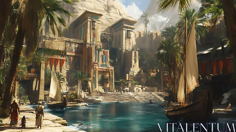 Sunlit river kingdom before sandstone temple towers awakens.