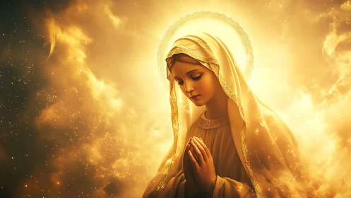 Golden religious artwork of praying veiled woman with halo.