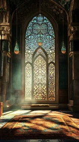 Sunlit mashrabiya window casts patterned light across prayer rug