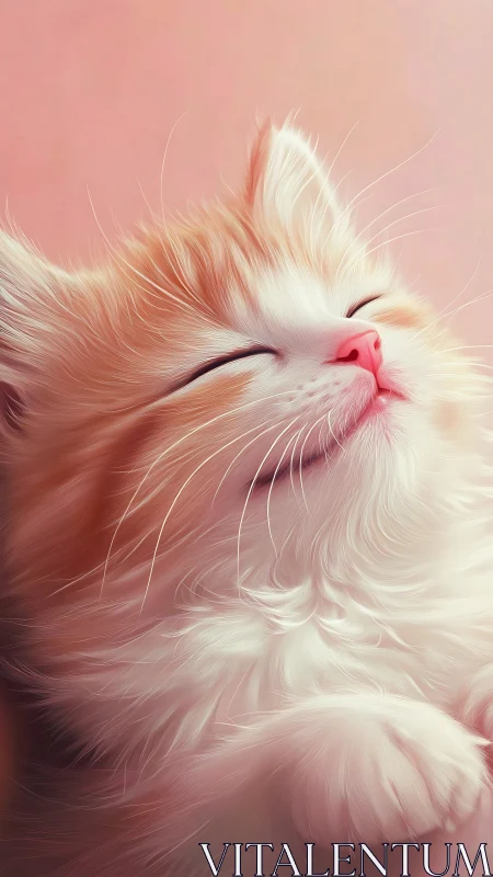 Fluffy white cat with pink nose sleeping against soft pink background