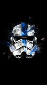 Battleworn blue trooper helm shattering from cosmic brushstrokes.