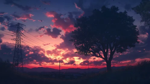 Twilight power lines whisper beneath a blazing violet sky