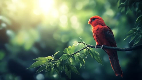 Vibrant red bird perched on leafy branch in sunlit forest scene.