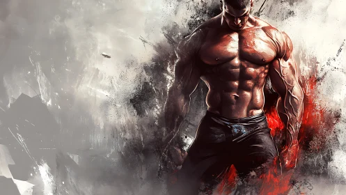 Muscular warrior emerges from abstract smoke and blood storm