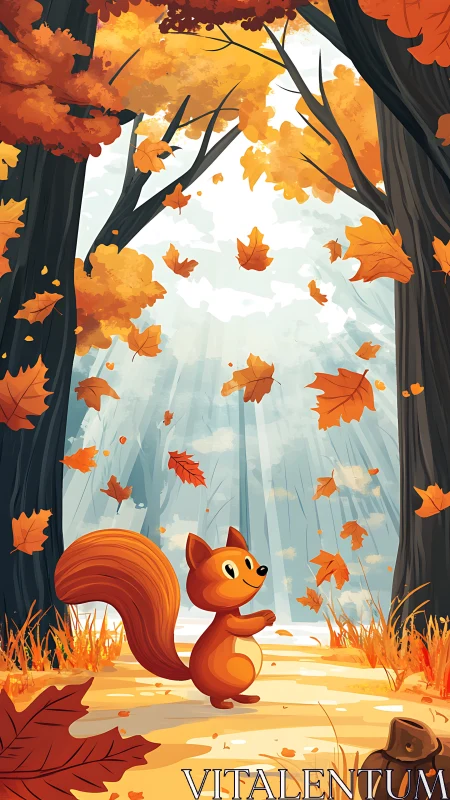 Cartoon squirrel under bright autumn forest canopy.
