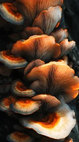 Clustered orange mushrooms with illuminated gill structures.