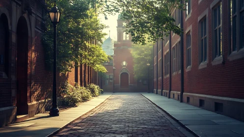 Quiet brick campus alley with morning light and trees.