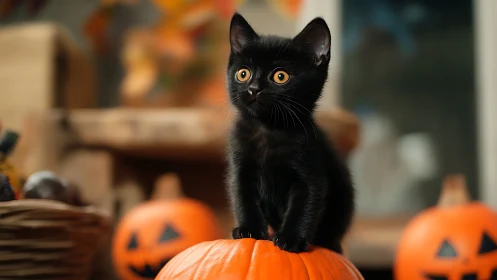 Black Kitten with Golden Eyes Perched on Pumpkin
