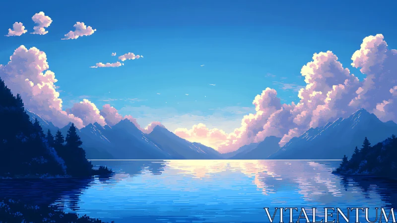 Pixel lake sunset with glowing clouds and mountain silhouettes.