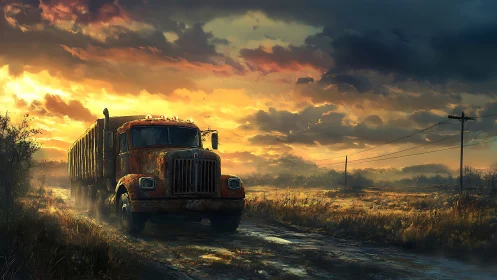 Weathered cargo truck under dramatic sunset sky on rural road