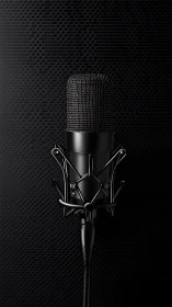Studio condenser microphone on dark perforated backdrop.