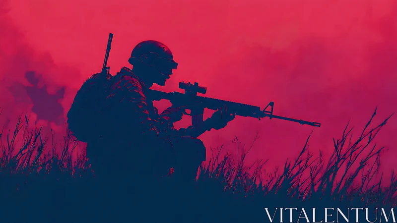 Silhouetted soldier study in high-contrast digital duotone field.