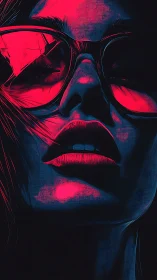 Neon lit female face close up rendered in high contrast tones