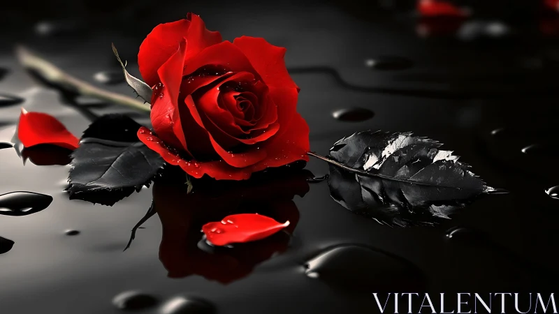 Red rose on reflective dark surface with black foliage.