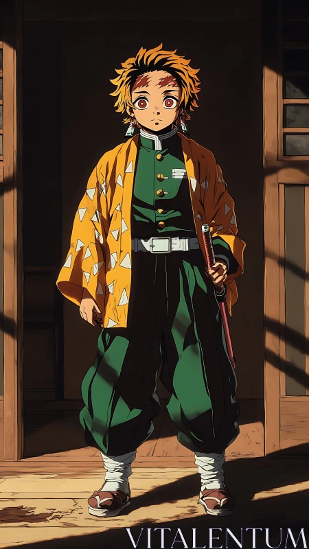 Young anime swordsman stands ready in warm wooden light