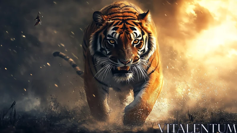 Sunfire tiger storms through embers and swirling dusk haze.