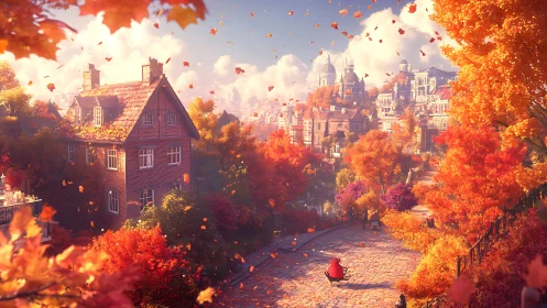 Autumn town street with hillside houses and falling leaves.