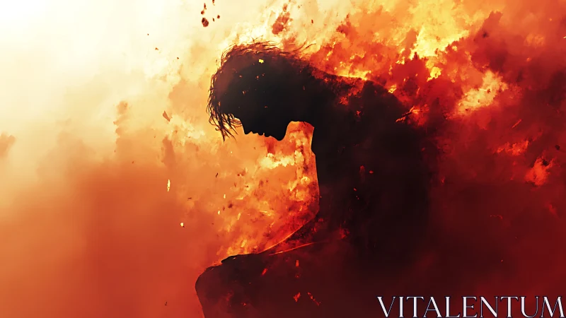 Silhouetted soul folds inward while new firestorms awaken