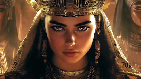 Golden gaze of a modern Egyptian queen in warm light.