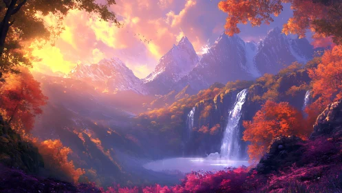 Sunlit autumn cascades in a tranquil mountain valley.