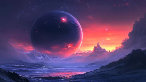 Colossal eclipsing planet dominates an iridescent alien sunrise