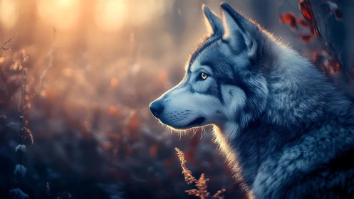 Luminous side-profile wolf in volumetric dusk backlighting.