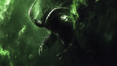 Demonic horned wraith erupts through toxic green void