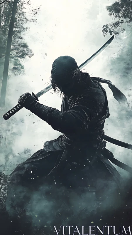 Ninja warrior holding katana in misty forest battle stance.