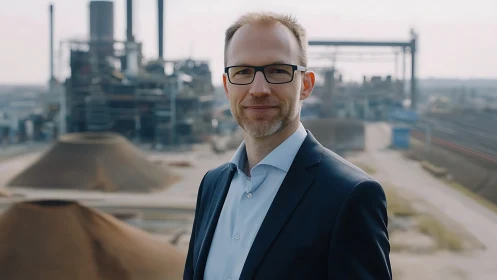 Confident industrial manager stands at sprawling factory site