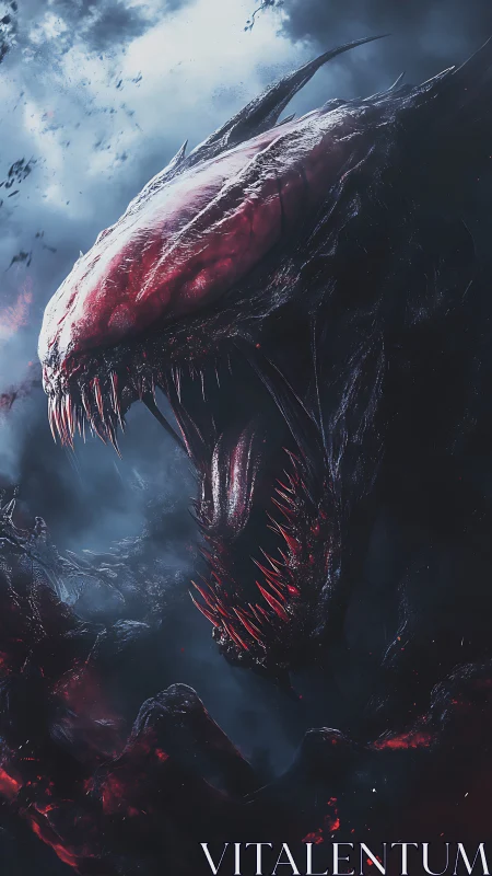 Monstrous black entity with exposed red jaw in stormy sky.