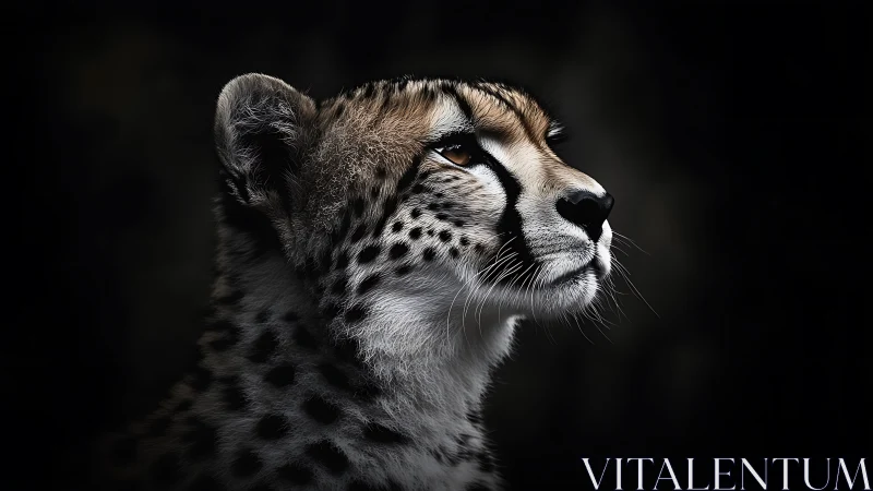 Cheetah portrait emerges from deep shadow with sharp detail