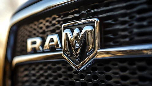 Bold chrome RAM truck emblem glowing with rugged pride.