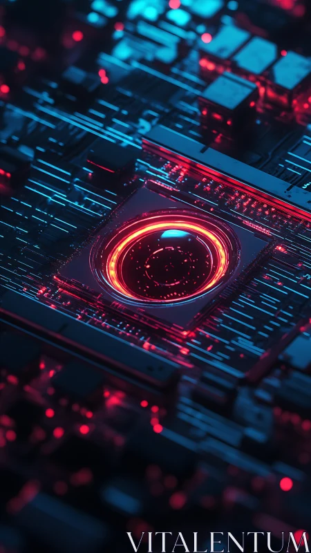 Neon core chipset with glowing circular data conduit design.