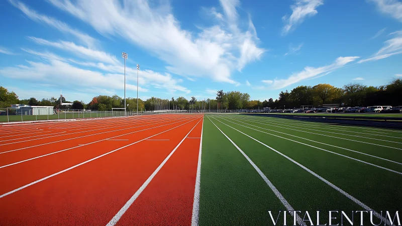 Racing stripes of earth and turf split a sunlit horizon.