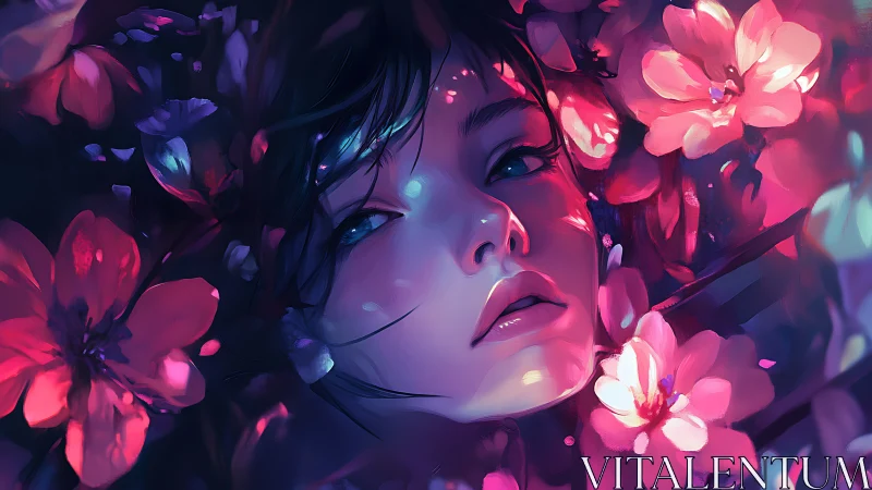 Ambient subsurface-lit portrait framed by saturated neon florals