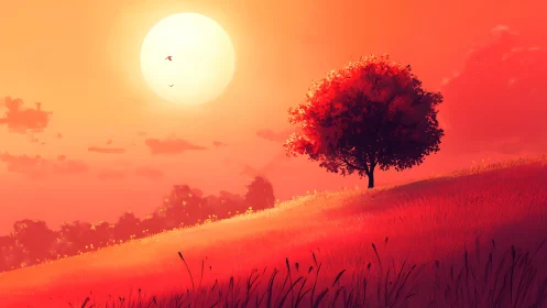 Digital landscape with lone crimson tree and radiant sunfield.