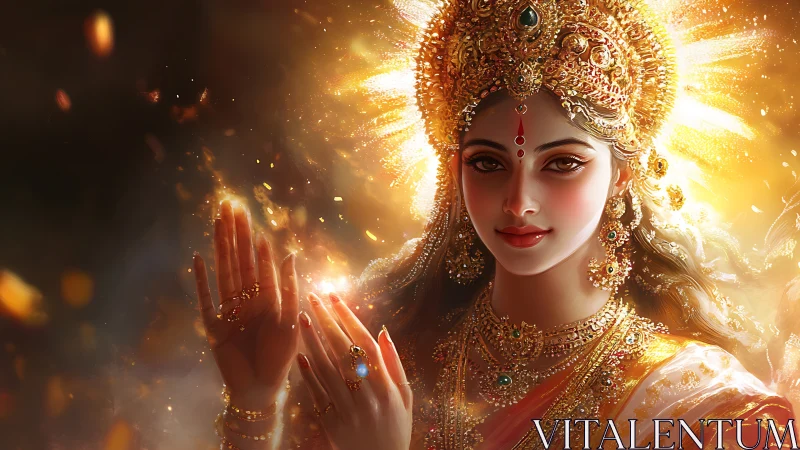 Golden goddess in radiant light and shimmering grace.