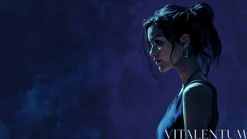 Quiet midnight portrait of a thoughtful girl in blue light.