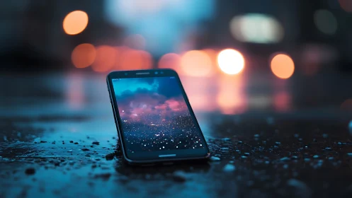 Smartphone glows on wet city street amid dreamy night bokeh