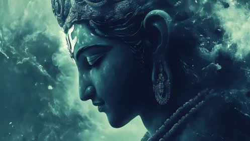 Divine teal deity profile in ethereal cosmic nebula glow.