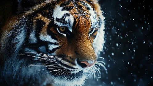 Snow-dusted tiger in side profile under dramatic low-key lighting