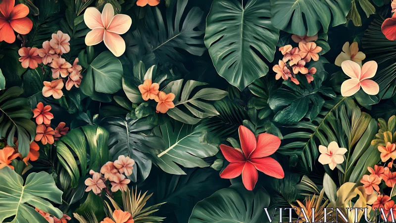 Tropical Floral Composition with Layered Botanical Elements.