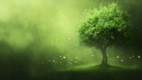 Lush green tree in dreamy glowing meadow, digital art style.