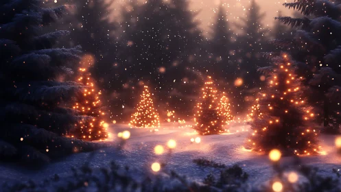 Snow-covered fir grove glows with warm bokeh-lit ornaments