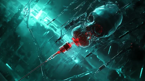 Cybernetic skull infusion in fractured teal laboratory void.