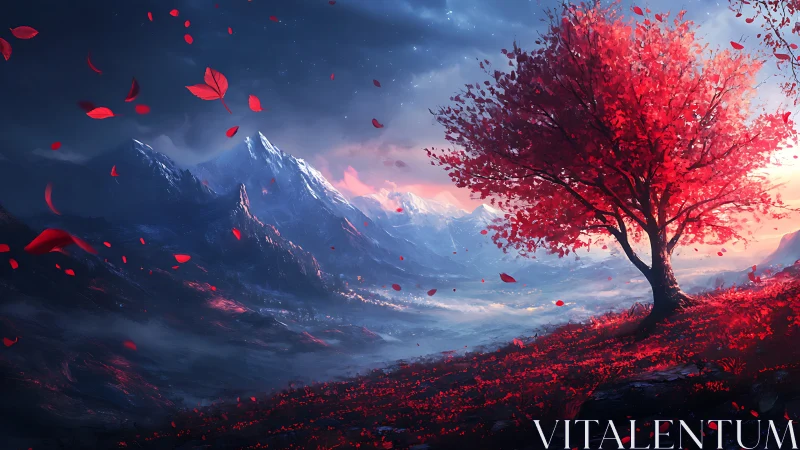 Crimson tree contrasts glacial mountain range under storm sky