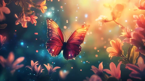 Butterfly with red wings among illuminated spring flowers.