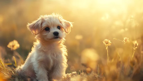 Sunlit puppy pauses as golden meadow turns to soft halo